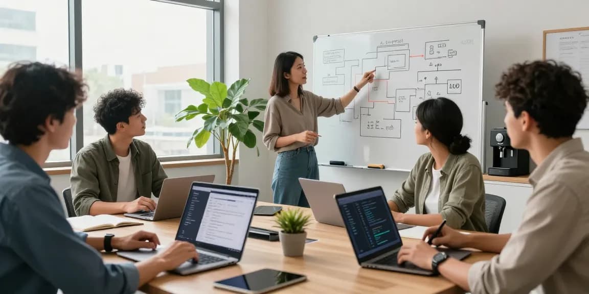 Professionals collaborating to build internal tools with AI in a modern workspace, showcasing innovative technology and teamwork.