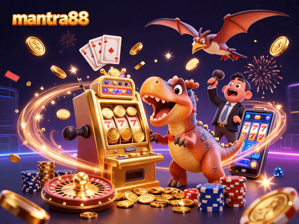 Experience big wins at mantra88 while a pachycephalosaurus activates jackpots, surrounded by cascading coins.