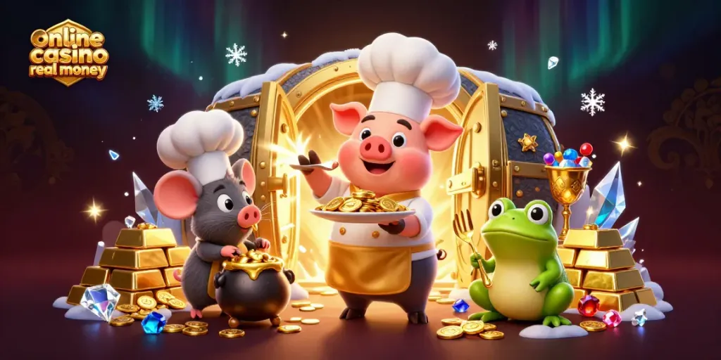 Engage with the vibrant scene depicting online casino real money characters enjoying lavish gold and jewels.