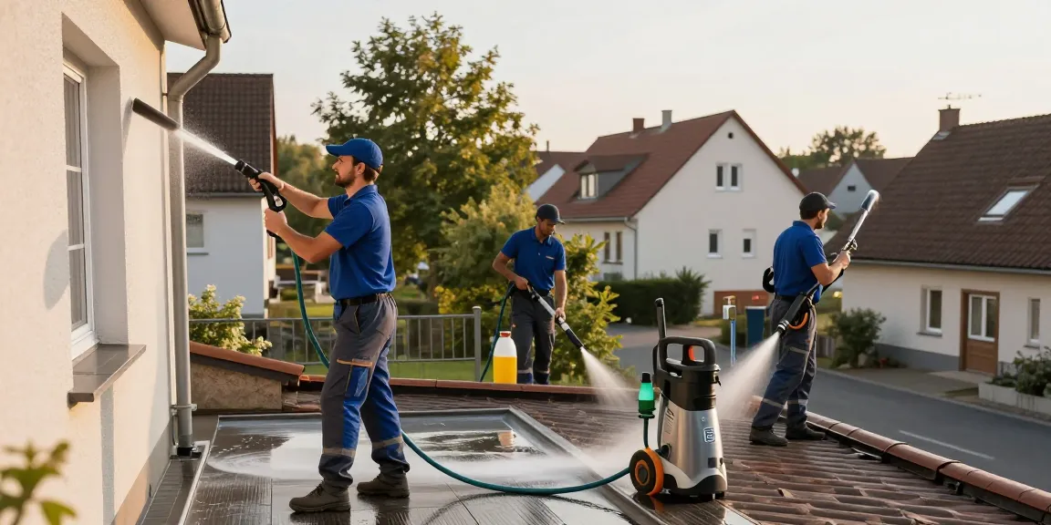 Reinigung Hofgeismar: Professionelles Team reinigt Fassade und Dach eines Wohnhauses umweltfreundlich.