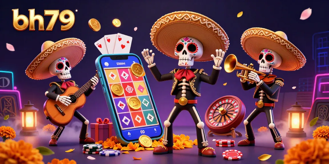 Engage with bh79's vibrant casino scene featuring mariachi band, slots, and poker elements.