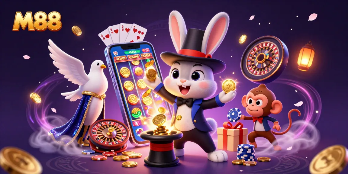 M88 reveals thrilling casino magic as a cartoon rabbit conjures coins, enhancing the gambling experience.