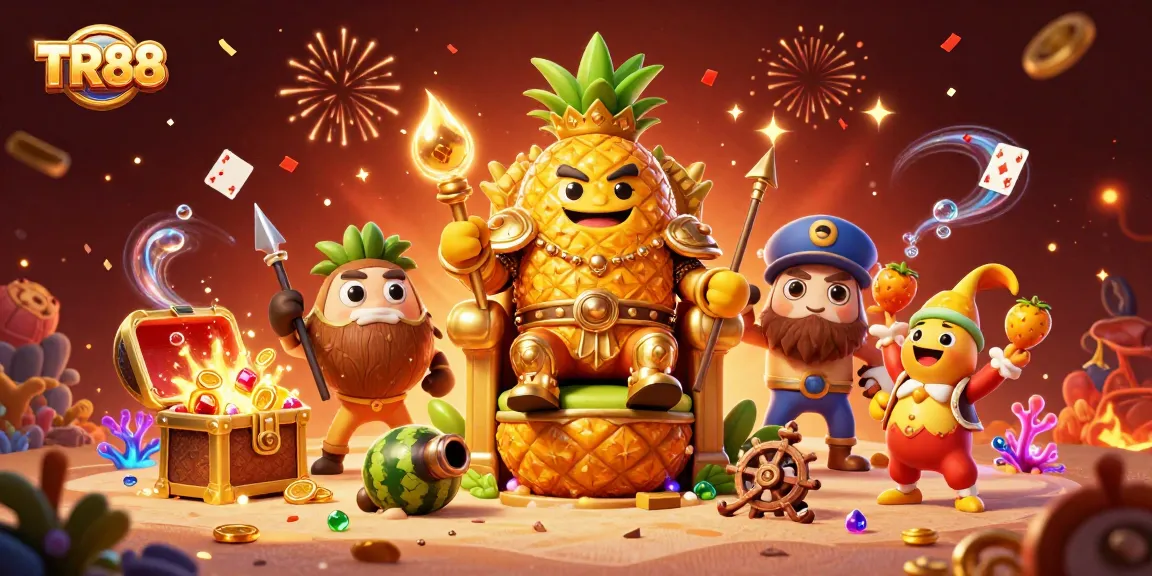 Engage with TR88's vibrant gambling scene featuring a pineapple king ruling over a beach casino.