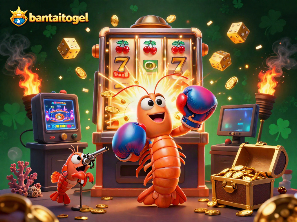 Permainan bantaitogel dengan udang mantis 3D dalam sarung tinju dan mesin slot jackpot yang meledak penuh koin dan simbol.