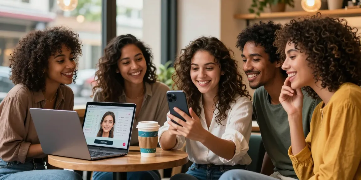 Friends exploring an attractive test app on a smartphone in a lively café, highlighting beauty features.