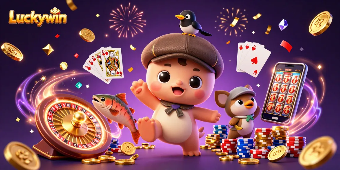 Luckywin showcases a vibrant casino scene with Nessie and friends amidst sparkling gems and golden coins.