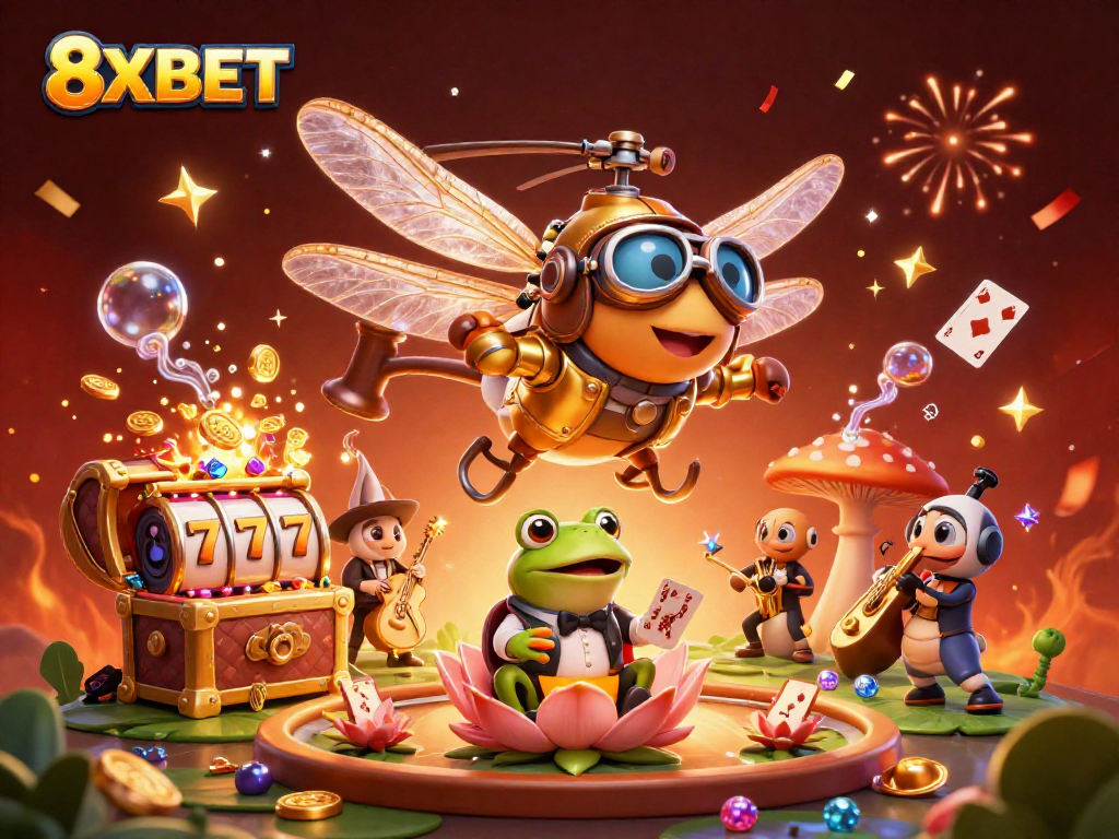 Spin to win at 8XBET with a lively casino scene featuring a dragonfly pilot and frog dealer.