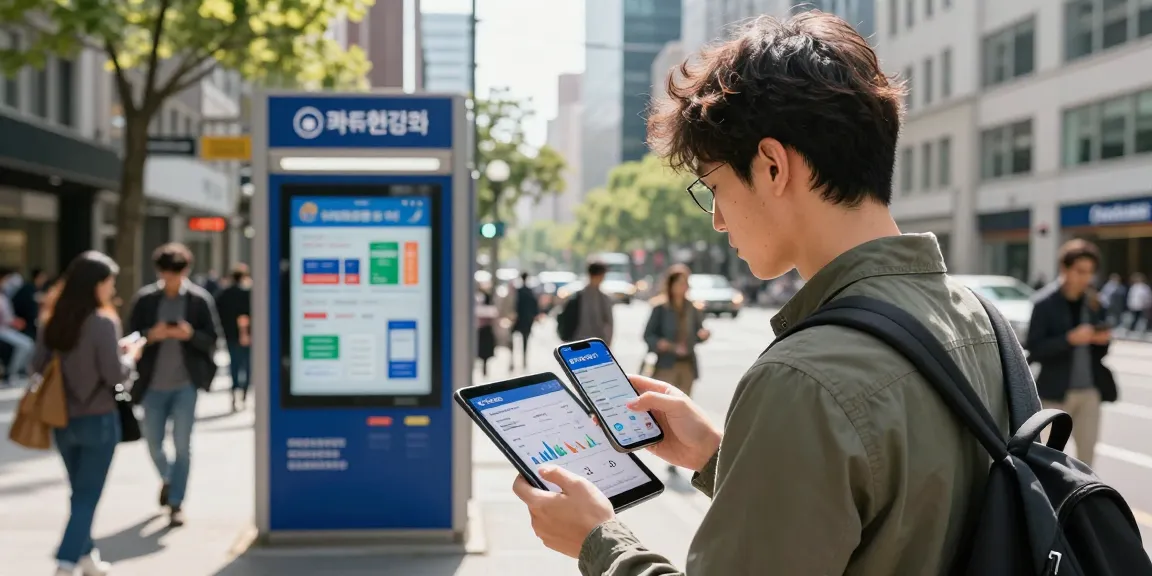 신용카드 현금화 서비스를 이용하는 모습, 스마트폰과 태블릿을 활용하여 금융 정보를 확인하는 장면