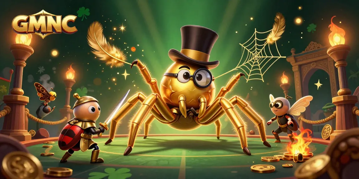 Engage with GMNC's thrilling casino scene featuring a golden tarantula and beetle knight.