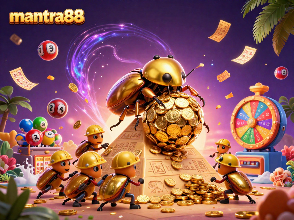 Engage with mantra88 while a golden dung beetle rolls jackpot coins, embodying casino excitement!