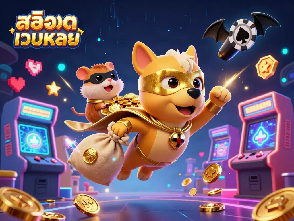 สนุกไปกับสล็อตเว็บตรง ในภาพของสุนัขซูเปอร์ฮีโร่บินเก็บเหรียญทอง
