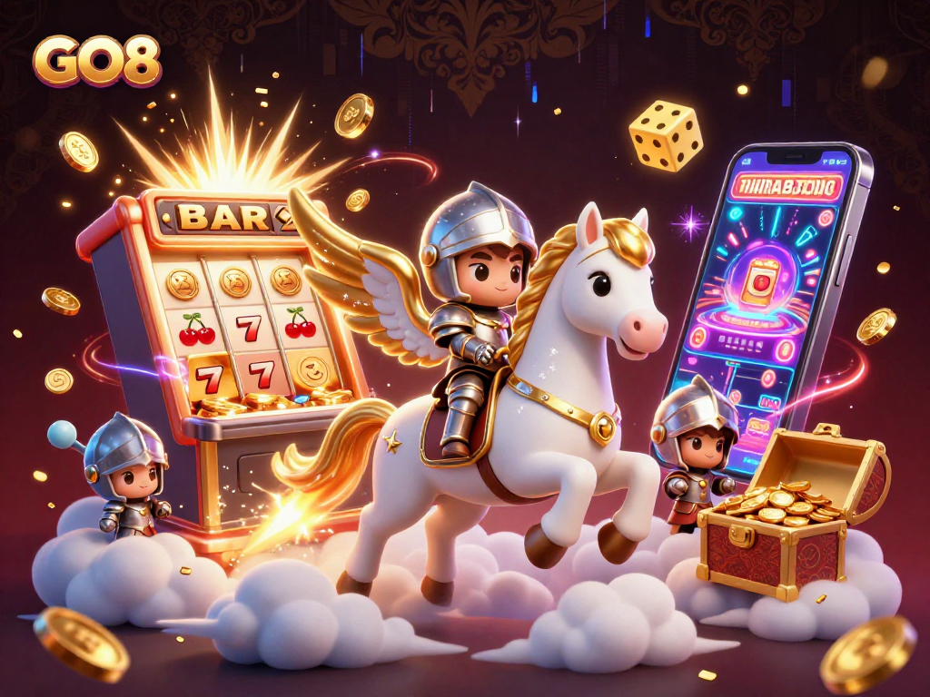 Experience the excitement of GO8 with a celestial horse and jackpot-filled slot machine in a vibrant casino scene.