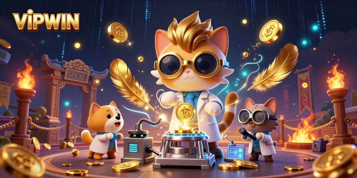 Engage with VIPWIN as a thrilling online gambling experience among gold coins, games, and vibrant characters.