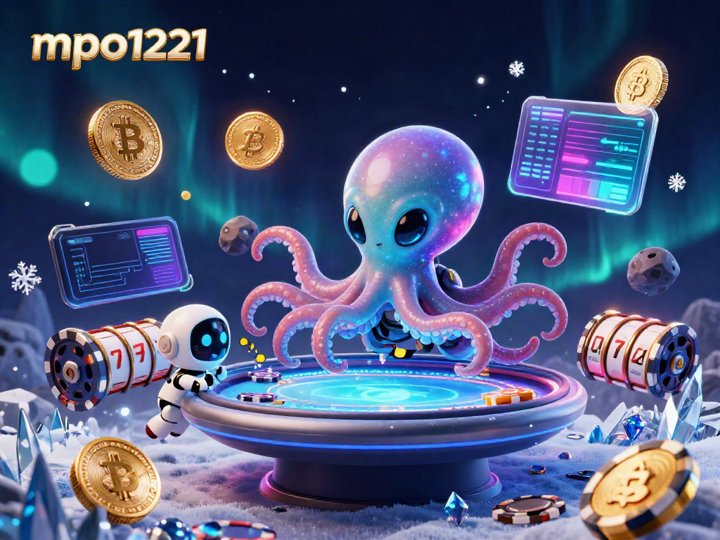 Engage in thrilling games at mpo1221 with a vibrant scene of cartoon characters and poker elements.