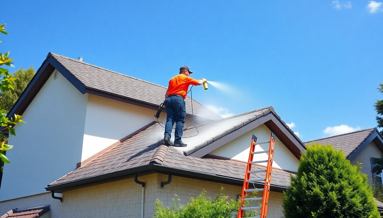 Roof Cleaning technician applying cleaning solutions on a house roof, showcasing professionalism and care.