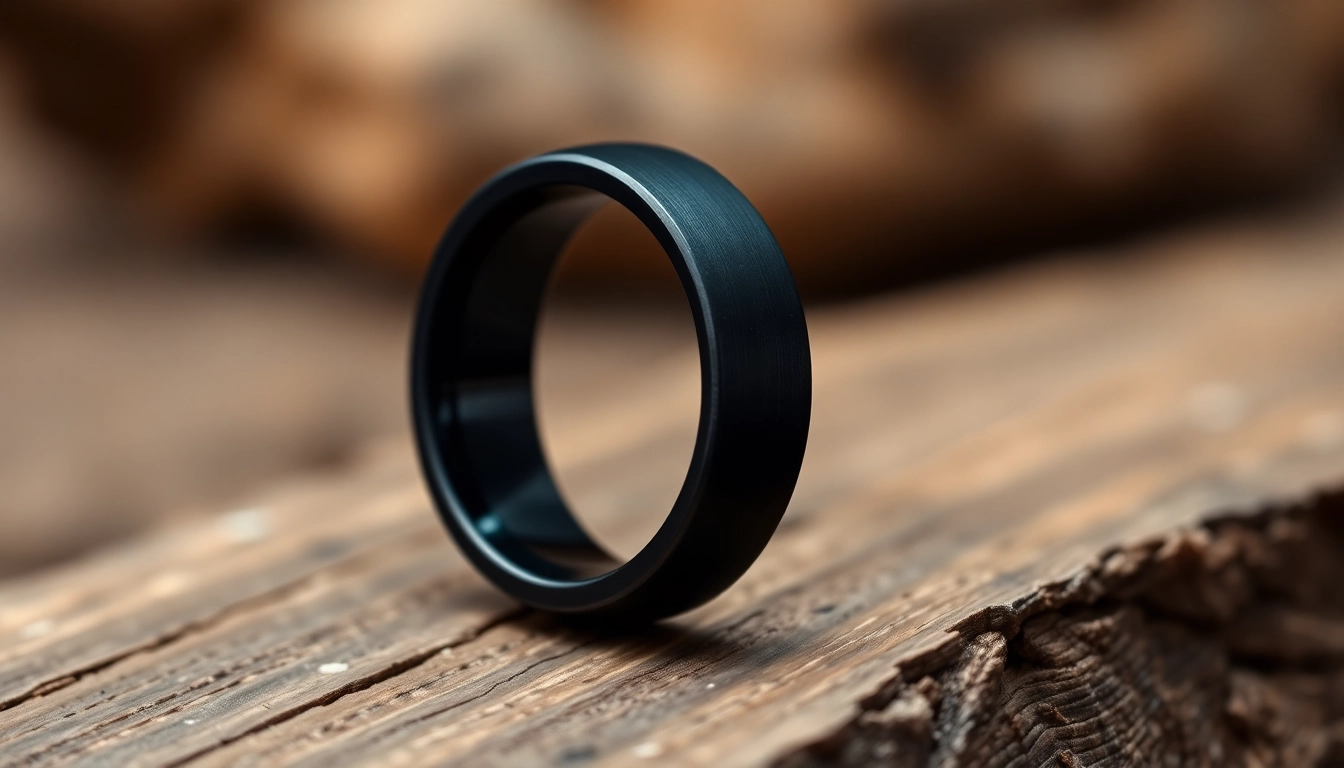 Showcase black wedding rings for men with elegant matte finish and polished details.