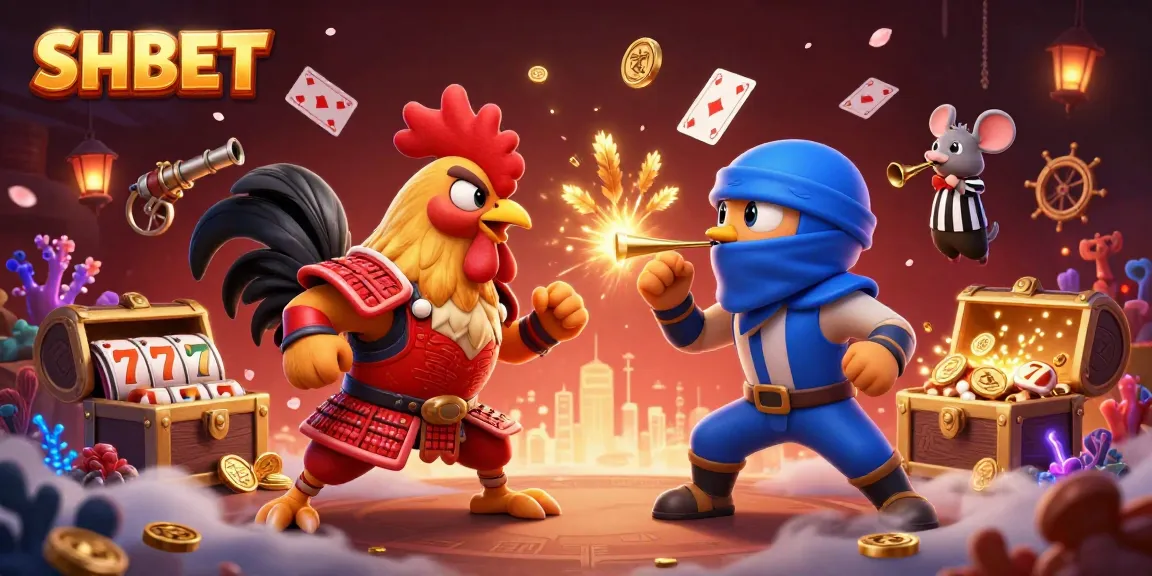 Engage in thrilling action with SHBET, as dynamic cartoon roosters duel in an electrifying casino atmosphere.