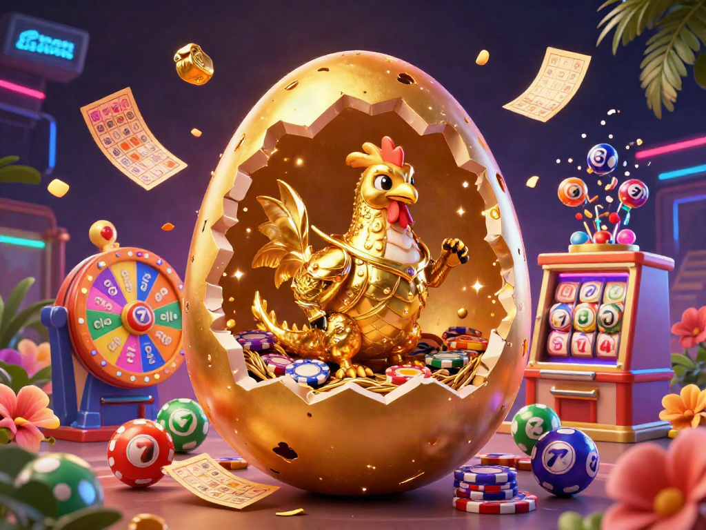 Experience the excitement with vibrant slot bonus elements in a dynamic 3D illustration featuring golden characters and colorful casino elements.