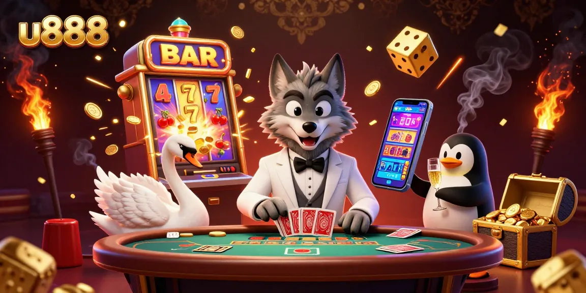 u888 players enjoying baccarat and slots amid a vibrant casino scene with coins and rewards.