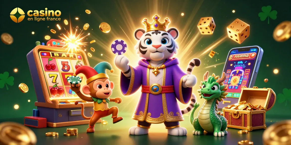 Immergez-vous dans une scène captivante de casino en ligne France avec un tigre blanc, un singe jongleur et un dragon jade.