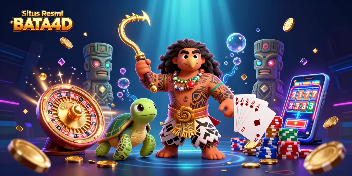 Engage in thrilling wins at Situs Resmi BATA4D, featuring a vibrant casino scene with a Polynesian demigod.