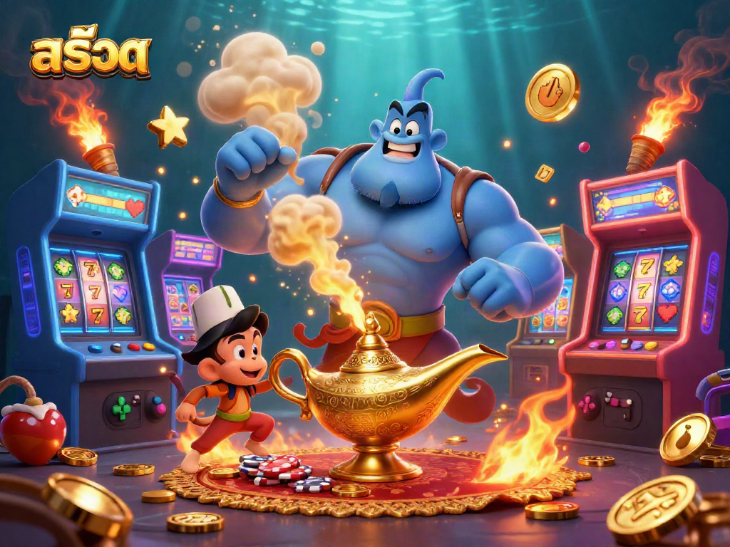 Engage with สล็อต in this vibrant scene featuring a genie, monkey, and poker chips.