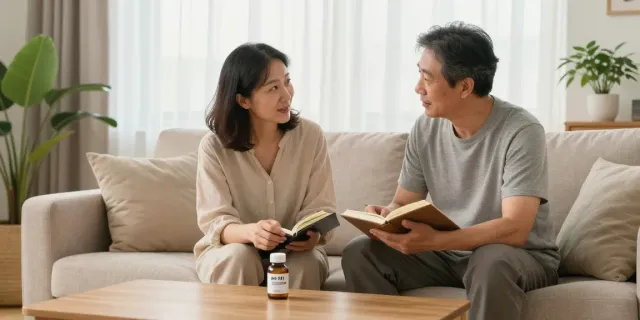 Couple discussing pt-141 peptide therapy in a cozy home setting.
