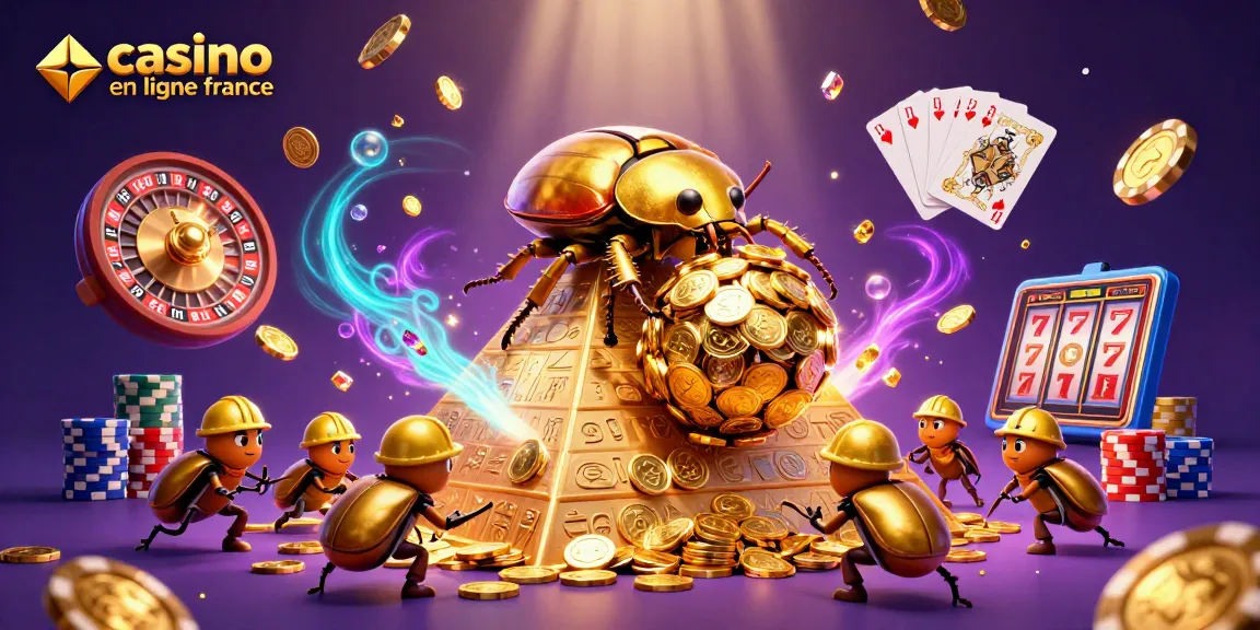 Découvrez le casino en ligne France avec cette scène dynamique de personnages animés, pièces d'or et éléments de jeu.