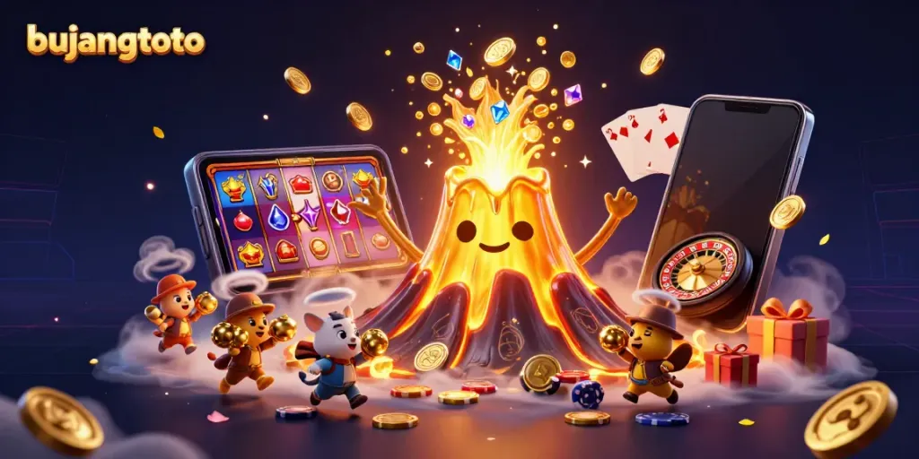 Bujangtoto showcases a lively golden volcano erupting with treasure while explorer animals dash away amidst vibrant casino elements.