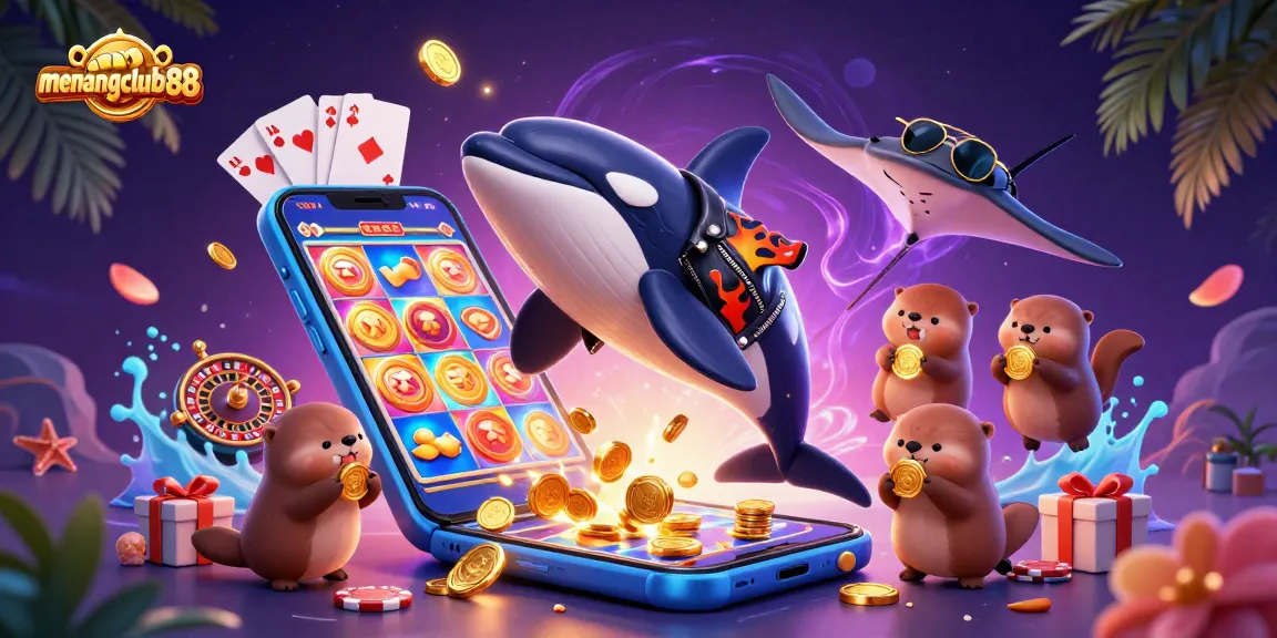 Win exciting casino rewards with menangclub88 as orca, stingray, and sea otters enjoy gaming thrills!