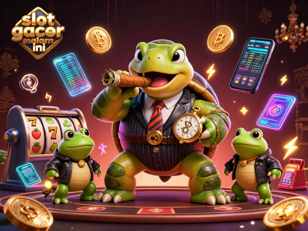 Engage in slot gacor malam ini with a vibrant 3D illustration of a mobster turtle and bullfrog enforcers.