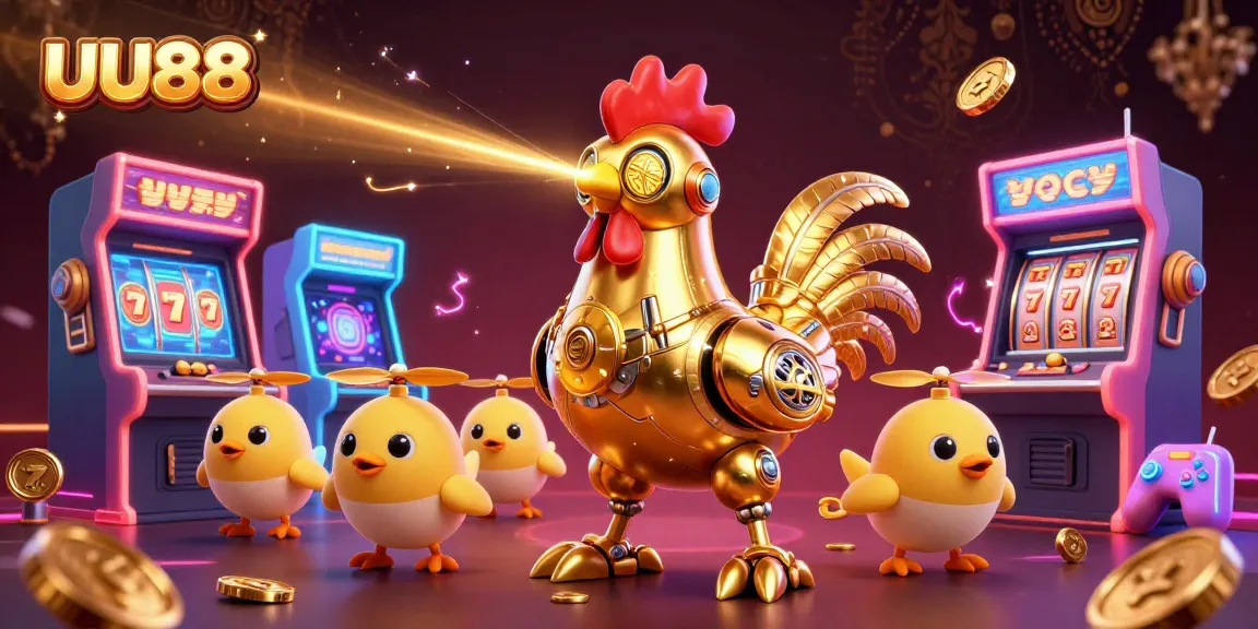 Engage in the thrilling world of UU88, where a retro-futuristic golden rooster robot and chick drones embody the casino spirit.