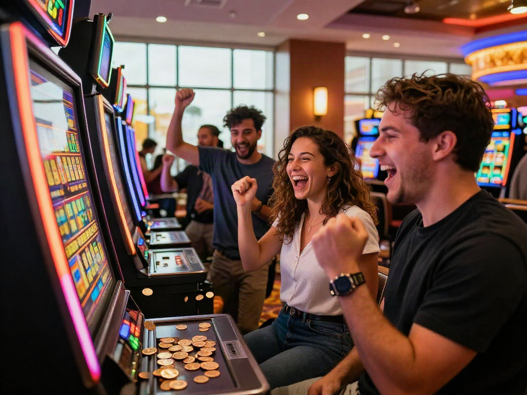 Slot gacor players celebrating a win at a colorful casino machine.