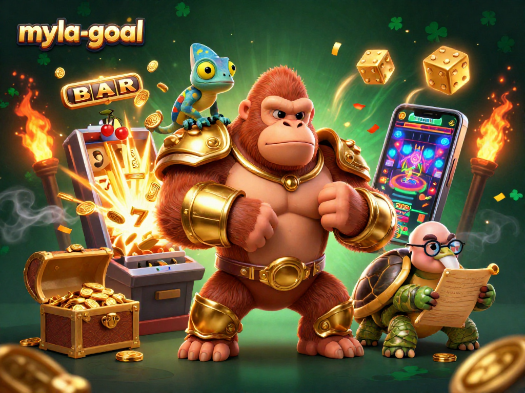 Engage in the vibrant myla-goal gaming world with a dynamic casino scene featuring a gorilla king and prize-winning action.