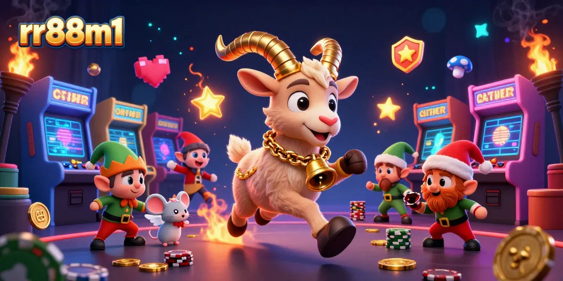 Experience the thrill of rr88m1 in a vibrant casino scene with festive Krampus, angel mouse, and gremlins playing.