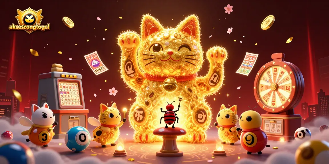 Engage with aksescongtogel's vibrant lottery illustration showcasing a giant lucky cat, bingo elements, and festive atmosphere.