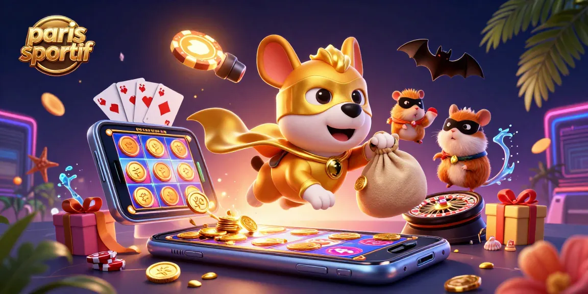 Le paris sportif avec un chien super-héros et un hamster, entouré de jetons et de jeux d'argent.