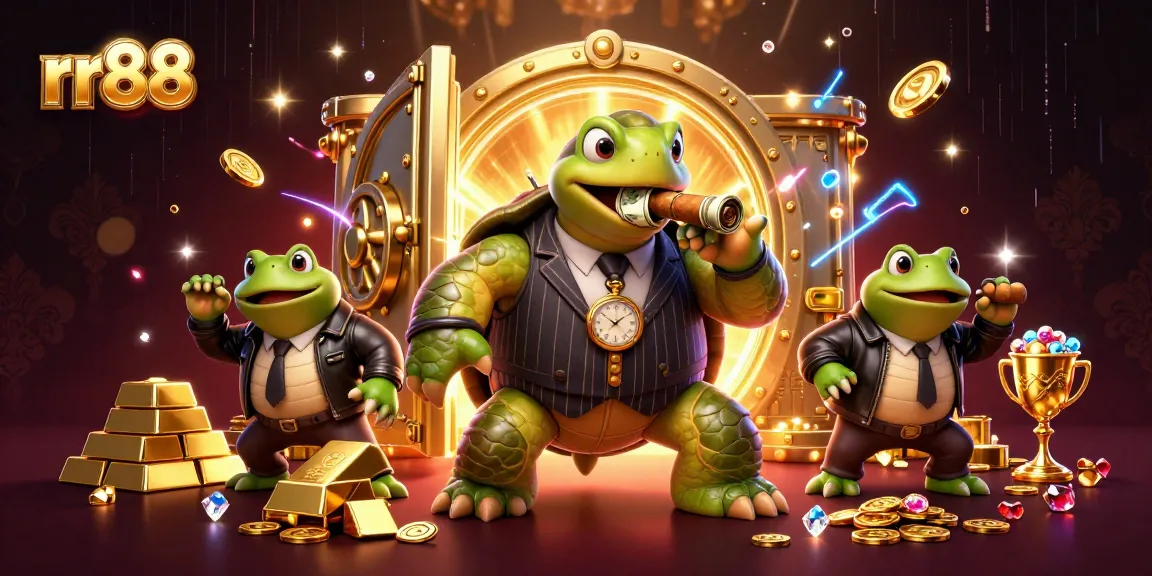 Win big at rr88 with dynamic 3D casino illustration of a mobster turtle and bullfrog enforcers.