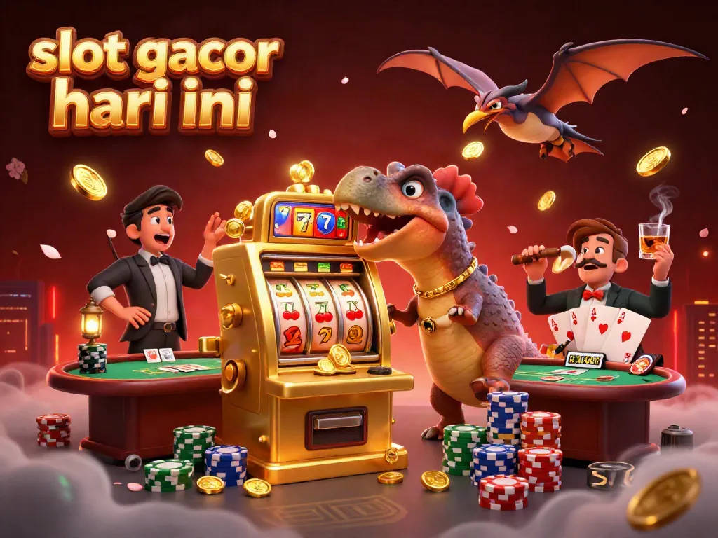 Ilustrasi kartu slot gacor hari ini dengan dinosaurus menyerang mesin slot emas dan menerima koin jackpot.