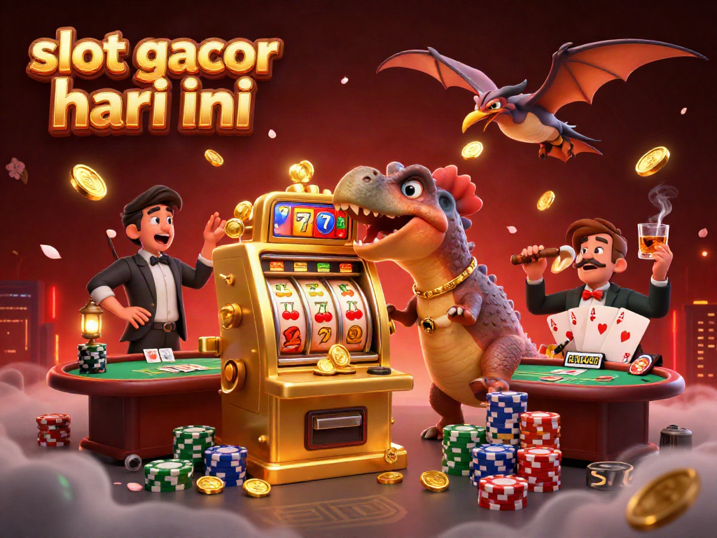 Ilustrasi kartu slot gacor hari ini dengan dinosaurus menyerang mesin slot emas dan menerima koin jackpot.