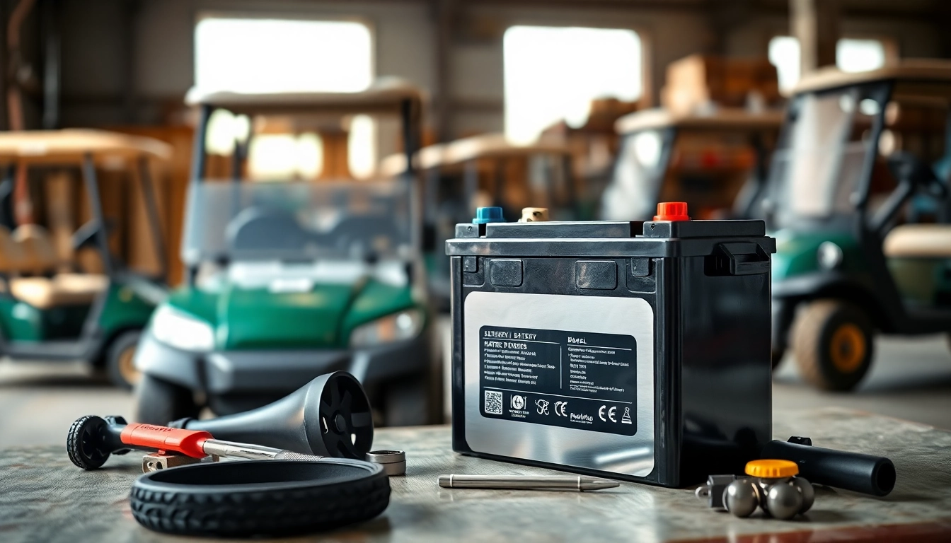 Showcase of lithium golf cart batteries highlighting their features and design in a workshop.