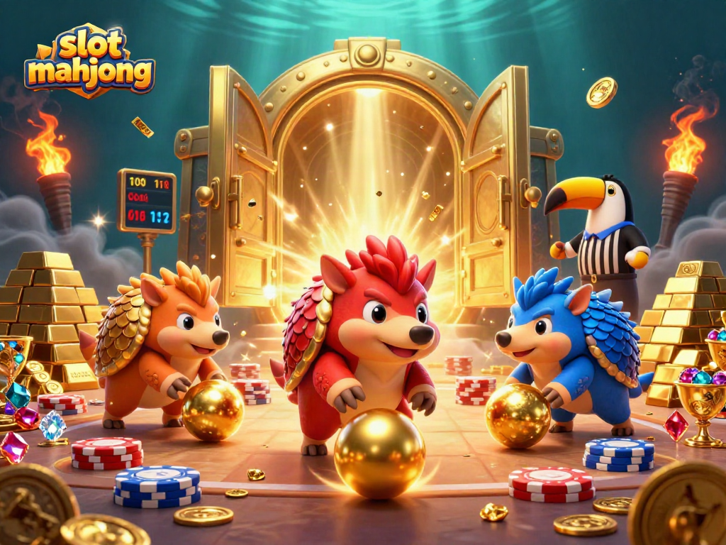 Engage in slot mahjong action with rival pangolins amidst gold coins and treasures.