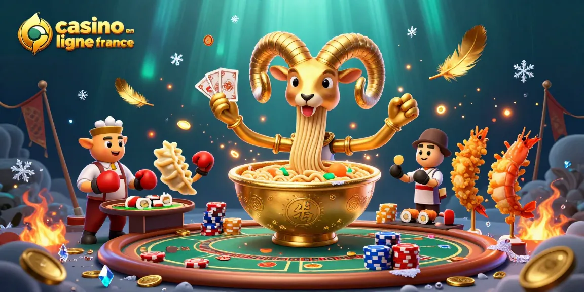 Illustration dynamique de casino en ligne France avec un bol de ramen gigantesque et des personnages de jeu animés.