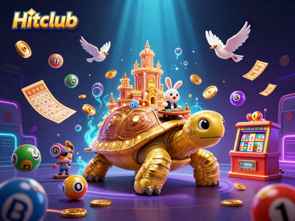 Experience excitement at Hitclub with a vibrant 3D casino illustration featuring a golden tortoise and lottery balls.