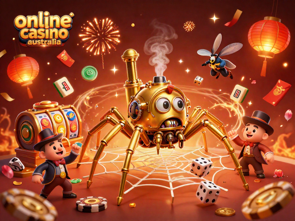 Engage with online casinos Australia through immersive steampunk-themed gaming action featuring a golden spider and more.
