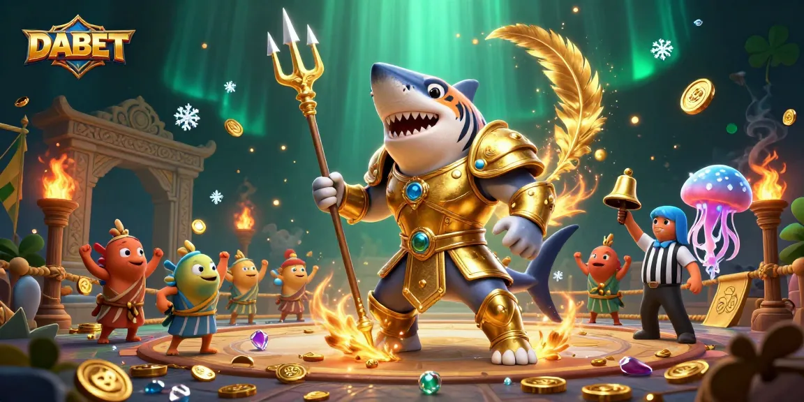 DABET showcases a thrilling underwater casino scene featuring a gladiator shark with a trident in a lively arena.