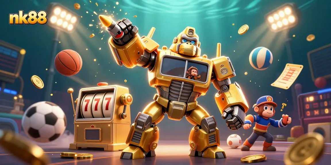 Join the excitement at nk88 with winning games and dynamic 3D casino elements in this illustration.