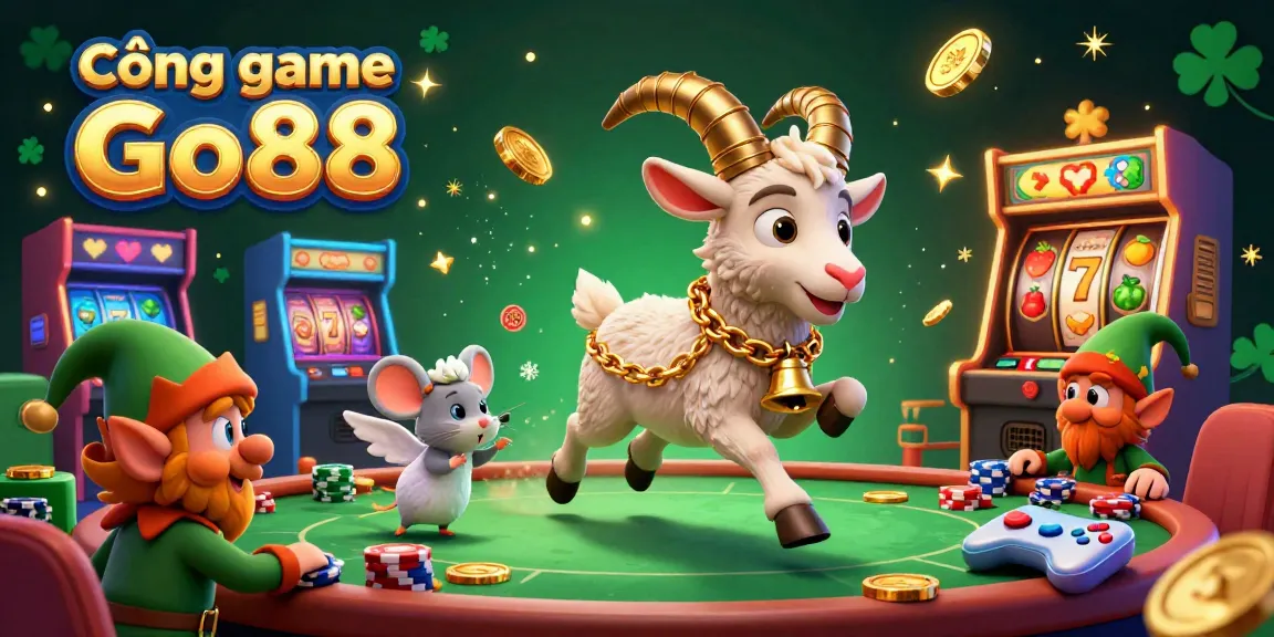 Cổng game Go88 offers an engaging 3D illustration of a festive casino scene populated with a Krampus goat and playful gremlins stealing poker chips.