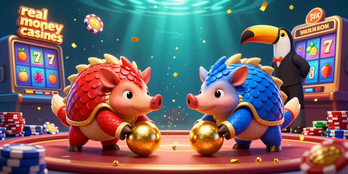 Real money online casinos illustration with pangolins playing a dynamic game in a vibrant casino environment.