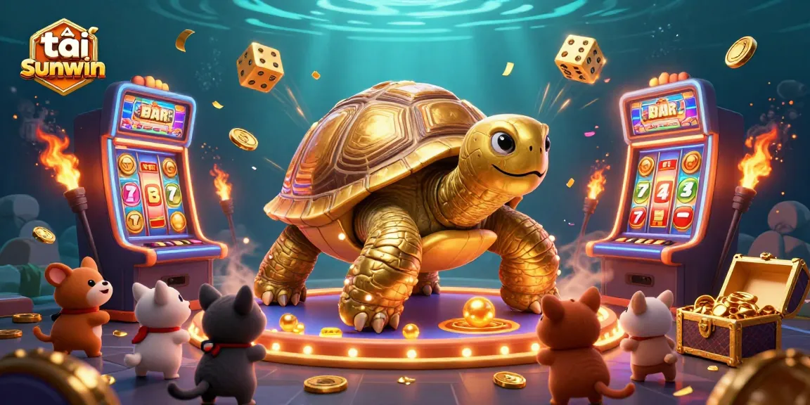 Engage with exciting gameplay in tải sunwin with a dynamic casino illustration featuring golden tortoises, slot machines, and treasures.
